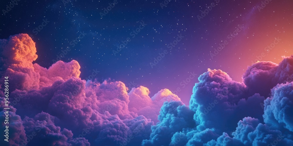 Aufkleber Colored clouds illuminated by varying color temperatures in a 3D cartoon rendering resembling a fragment of deep space captured by a telescope