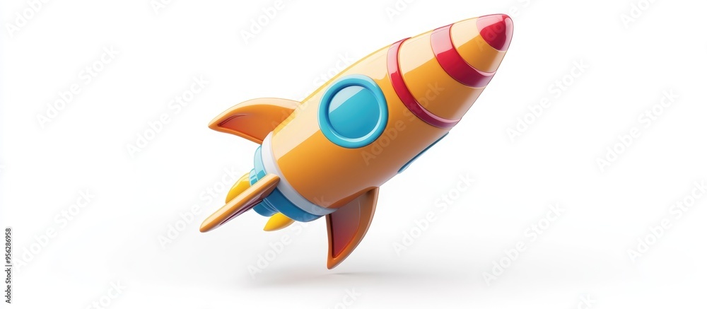 Poster Flying business rocket in a 3D cartoon rendering on a white background Successful infographic representing innovation project growth and startup concepts