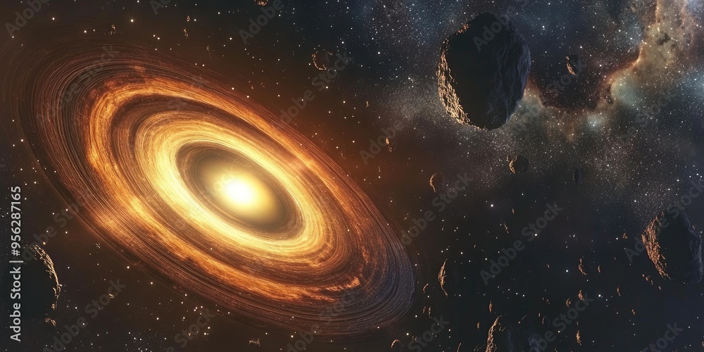 Poster Illustration of a black hole in outer space with 3D cartoon rendering