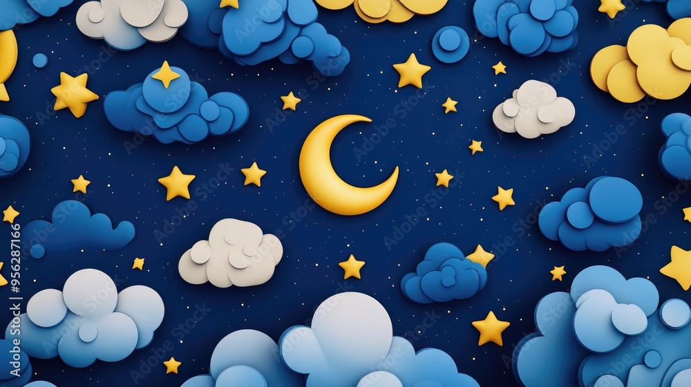Poster Seamless pattern featuring a 3D cartoon rendering of a starry night with moons stars and clouds Boho style decorative background suitable for wallpaper digital paper wrapping design fashion fabric