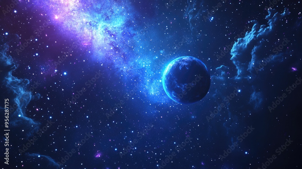Poster stars of a planet and galaxy in a free space depicted in a 3d cartoon rendering