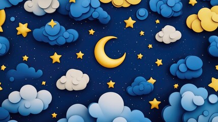 Seamless pattern featuring a 3D cartoon rendering of a starry night with moons stars and clouds Boho style decorative background suitable for wallpaper digital paper wrapping design fashion fabric