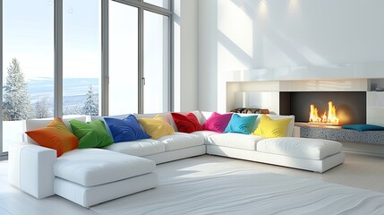 White light living room with L shaped couch with colorful cushions and fireplace with granite shelf against window