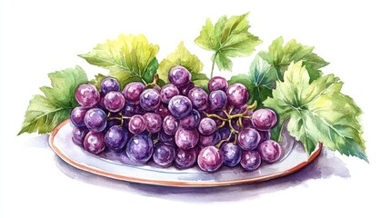 Watercolor Painting of a Bunch of Purple Grapes on a Plate