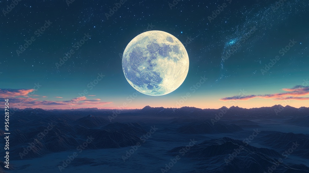 Poster Cartoon rendering in 3D of a daytime full moon in the morning