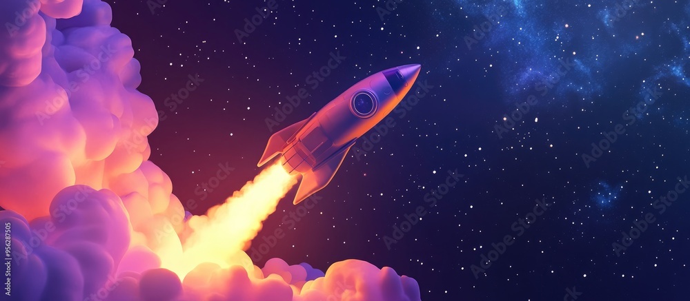 Leinwandbilder spaceship launching into a starry sky in a 3d cartoon rendering rocket ascends into space concept