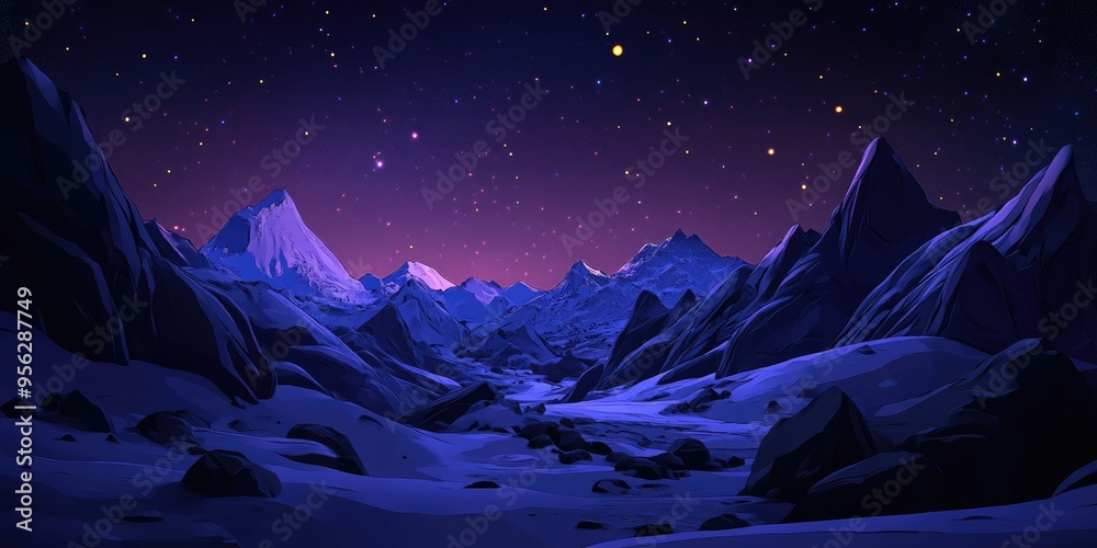 Poster 2d illustration featuring a night scene in the mountains created through 3d cartoon rendering digita