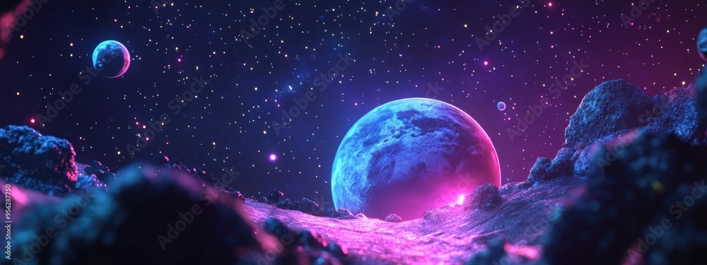 Poster cartoon 3d depiction of stars within a planet and galaxy in open space