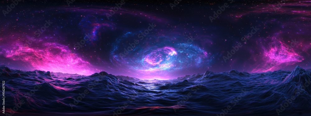 Poster 360 degree space background with nebula and stars depicted in a 3D cartoon rendering featuring equirectangular projection and an HDRI spherical panorama