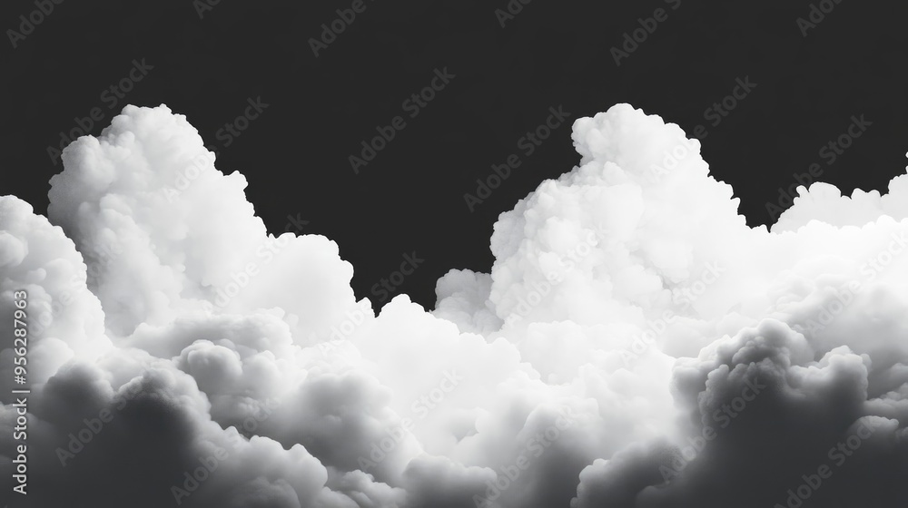 Poster Black grey sky with white clouds and clear abstract in a 3D cartoon rendering ideal for wallpaper or backdrop use