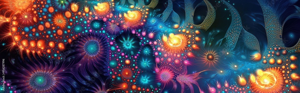 Poster Abstract fractal background in 3D cartoon rendering featuring large interconnected stars and alien space flowers surrounded by intricate decorative geometric patterns in vivid vibrant colors