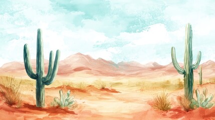 Watercolor Painting of a Desert Landscape with Cacti