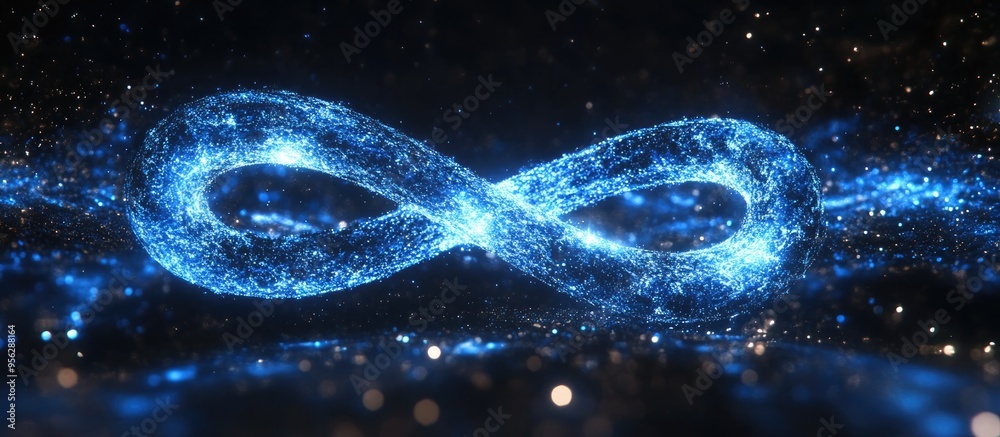 Poster Blue glowing infinity loop in space with bokeh 3D cartoon rendering computer generated abstract background
