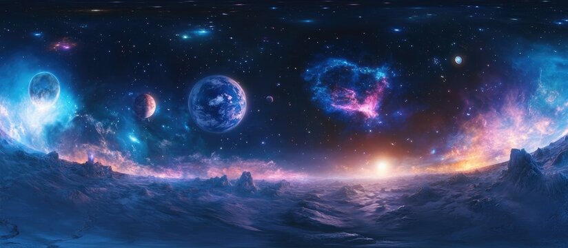 360 degree space nebula panorama in 3D cartoon style featuring equirectangular projection and environment map HDRI spherical panorama showcasing a space background filled with nebula and stars 3D