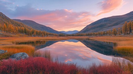 Fototapeta premium Pink Sky And Mirror Like Lake On Sunset With Red Color Growth On Foreground, Altai Mountains Highland Nature Autumn Landscape Photo