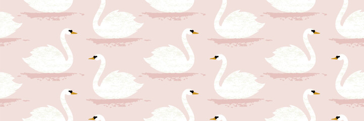 Swan pattern with texture. White swans seamless pattern. Cute swans background