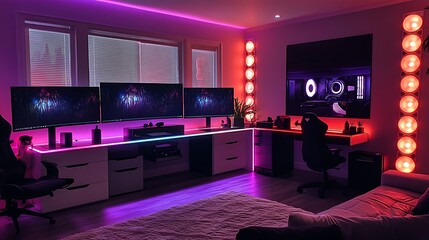 A vibrant RGB gaming room, with customizable lighting that creates a spectrum of colors throughout the space, featuring a high-tech setup with a glass desk, multiple monitors,