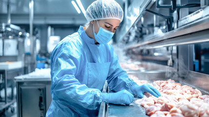 A worker in blue protective clothing carefully prepares chicken meat on a processing line, highlighting the precision and hygiene of modern food production