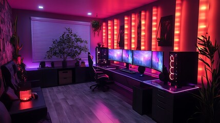 A vibrant RGB gaming room, with customizable lighting that creates a spectrum of colors throughout the space, featuring a high-tech setup with a glass desk, multiple monitors,