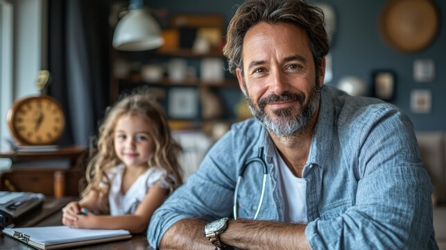 Busy Doctor Maintaining Work-Life Balance: Taking Notes in Home Office with Child Playing in Background