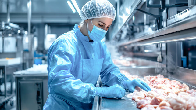 A worker in blue protective clothing carefully prepares chicken meat on a processing line, highlighting the precision and hygiene of modern food production - Powered by Adobe