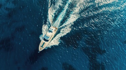 Obraz premium Motor boat in the sea Aerial view luxury motor boat Drone view of a boat sailing Top view of a white boat sailing to the blue sea Travel image