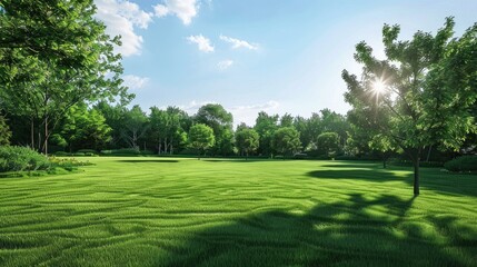 Treeless nice open empty backyard with green grass blue sky
