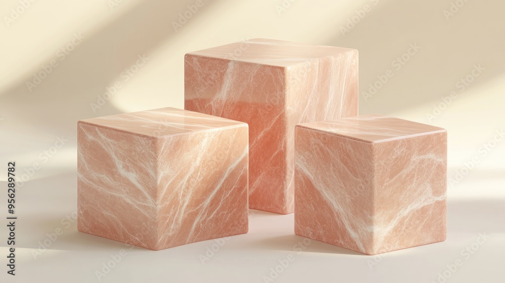 Poster pink marble cube box set on a minimal cream background featuring 3d rendering suitable for various d