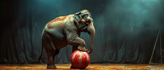 circus elephant stands on a ball. circus trick 