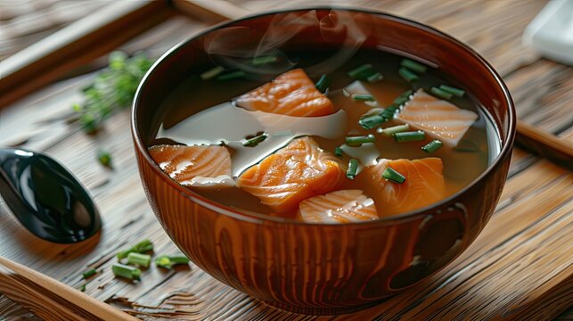 Japanese cuisine Miso soup with salmon on a wooden table