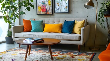 A cozy living room with a mid-century modern sofa, adorned with colorful throw pillows and a soft rug.
