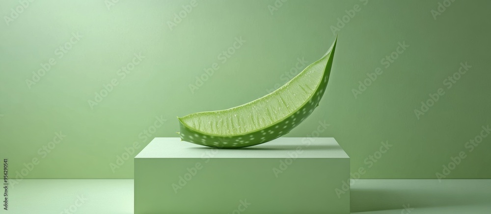 Poster A light green square podium set against a light green backdrop featuring a slice of aloe An empty display platform suitable for showcasing cosmetic items food and props