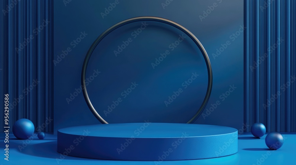 Aufkleber Empty podium featuring geometric shapes in a blue composition for modern stage presentations and minimalist mockups serving as an abstract showcase background 3D illustration or render concept
