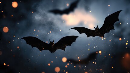 Fototapeta premium Concept with Black Bats Flying Over a Night Background, 3D Render Illustration. AI generated illustration.