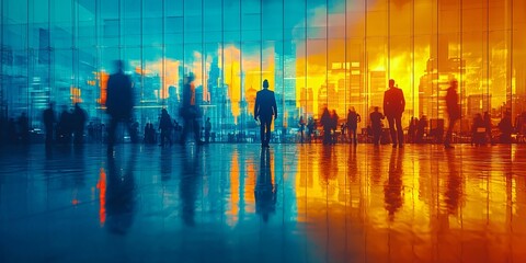 Obraz premium Blurred silhouettes of office employees in a vibrant blue and yellow business building, ideal for corporate branding, presentations, and business events with copy space.