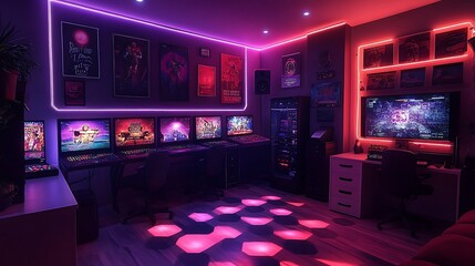 A vintage-inspired gaming room, packed with classic arcade machines, neon lights casting colorful shadows, pixel art decor, and retro posters lining the walls, with a floor covered in bold,