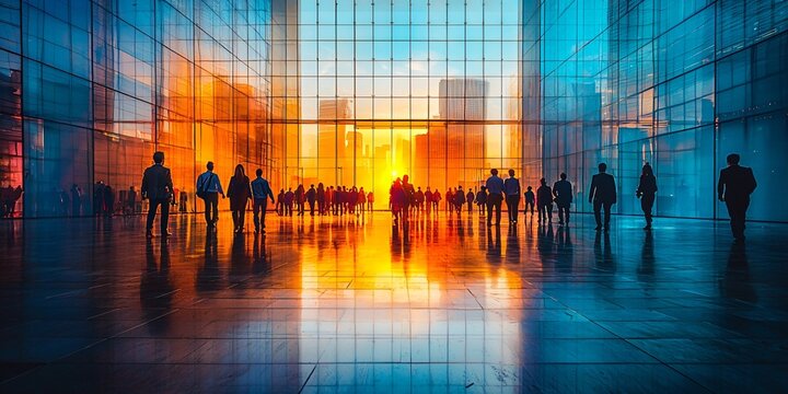Blurred silhouette of office employees in a modern business building at sunset, ideal for corporate promotions, team-building events, or business presentations, with copy space.