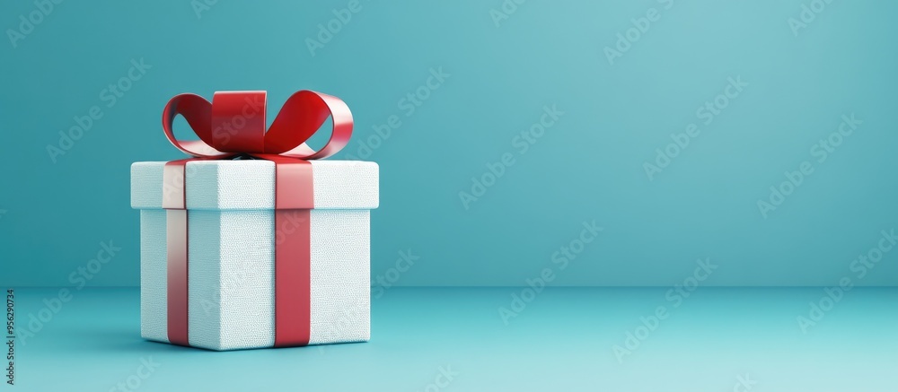 Poster Minimal winter themed product backdrop for holiday and sales events Colorful gift box adorned with a ribbon bow placed against a blue background 3D rendered illustration with clipping path for each