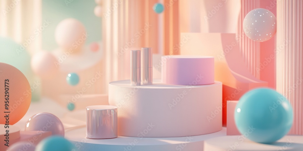 Aufkleber Pastel colored mock up scene featuring geometric podium shapes for showcasing products with an abstract backdrop 3D rendering and a stand designed for cosmetic items