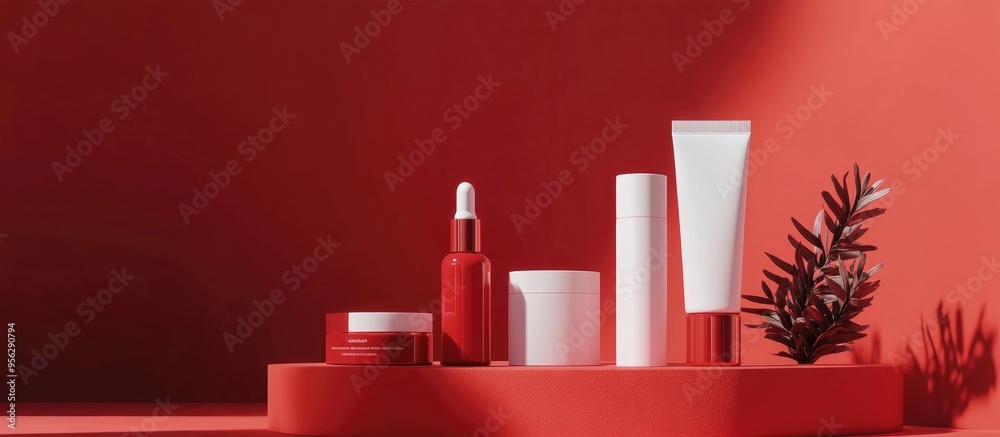Aufkleber Cosmetic products displayed against a red backdrop 3D rendering design