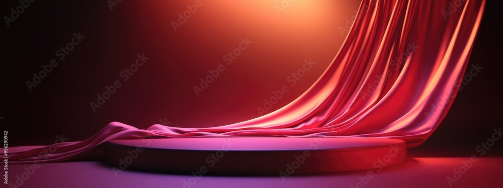 Aufkleber Minimal Podium with Draped Fabric and Dimmed Reddish Brown Abstract Background for Product Display and Presentation in 3D Rendering