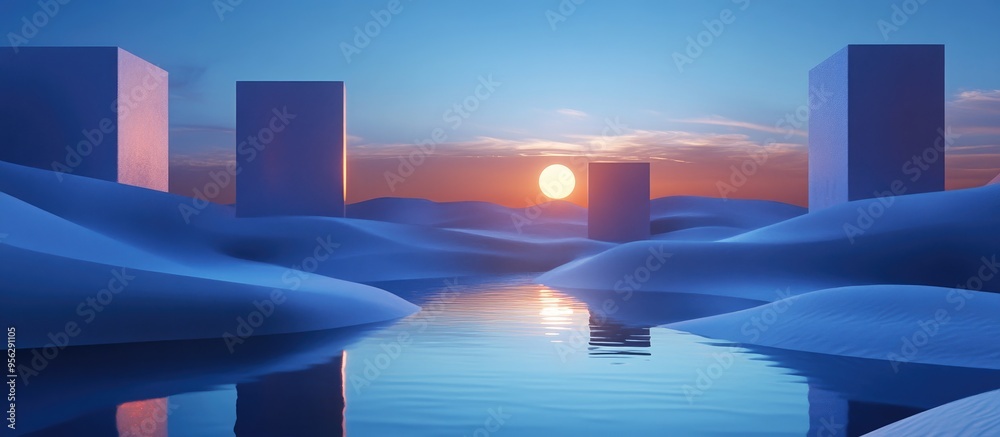 Poster Vibrant abstract landscape featuring unusual cubes illuminated desert dunes and captivating water reflections in a nighttime setting 3D rendered illustration with a unique background pattern for d