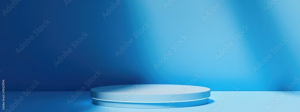 Poster empty podium against a blue backdrop for product presentation featuring ample copy space