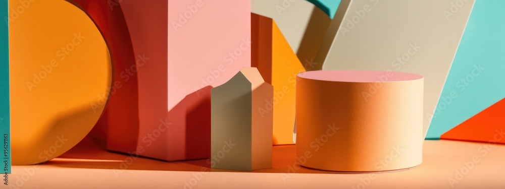 Poster abstract minimalist background featuring a still life composition of geometric paper shapes