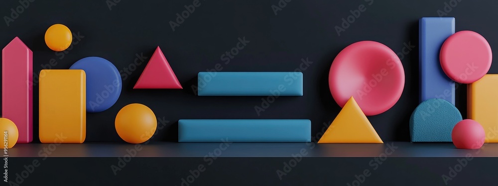Poster Colorful minimalistic empty display featuring abstract and primitive geometric shapes on a black isolated background Front view 3D rendering mockup