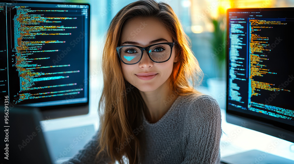 Poster smiling woman programmer coding on dual monitors, professional software developer in modern office e