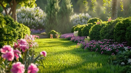 Fragment of a beautiful well kept garden Thuja Brabant hedge perennials iris catnip bright pink peony decorative bows on trimmed lawn