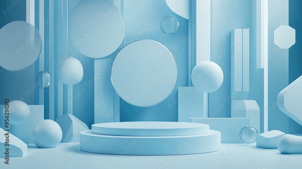Poster Empty podium surrounded by geometric shapes in a blue composition designed for a modern stage display and minimalist mockup serving as an abstract showcase background 3D illustration concept or 3D