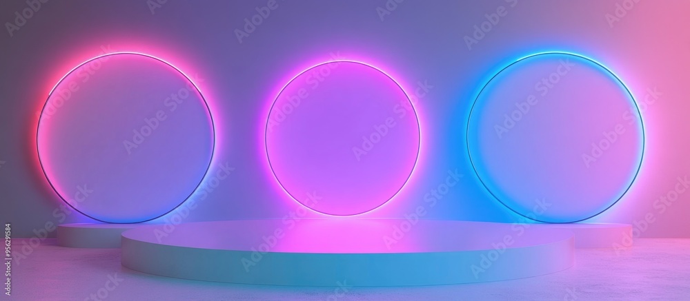 Poster blank product display with neon lights against a pastel colored background 3d rendering