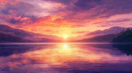 Obraz premium Vibrant sunset casting warm hues over calm waters creating a serene and picturesque landscape that evokes tranquility and natural beauty